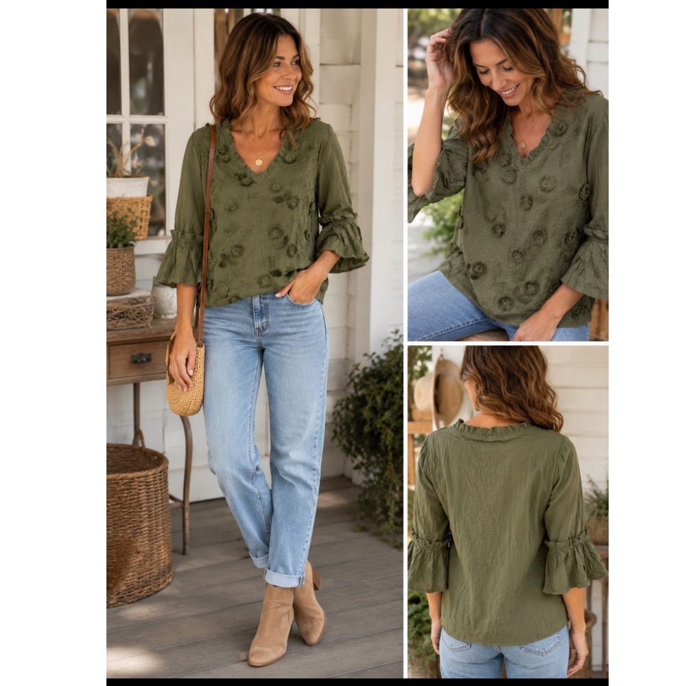 Cherrybetty NEW Olive Green Floral Embroidered Ruffle V-Neck Blouse Top Cotton L